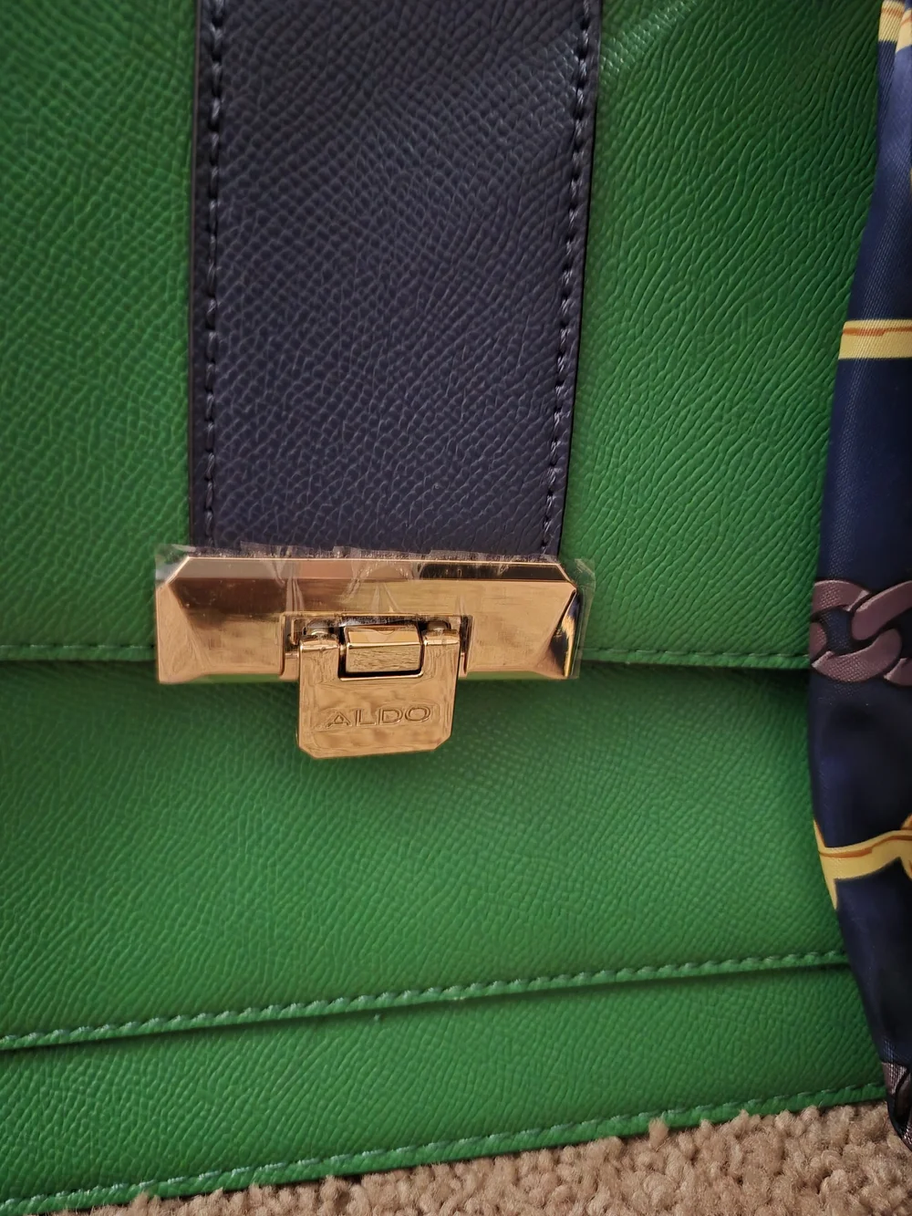 Green Top-Handle Satchel with Navy Accent and Gold Hardware